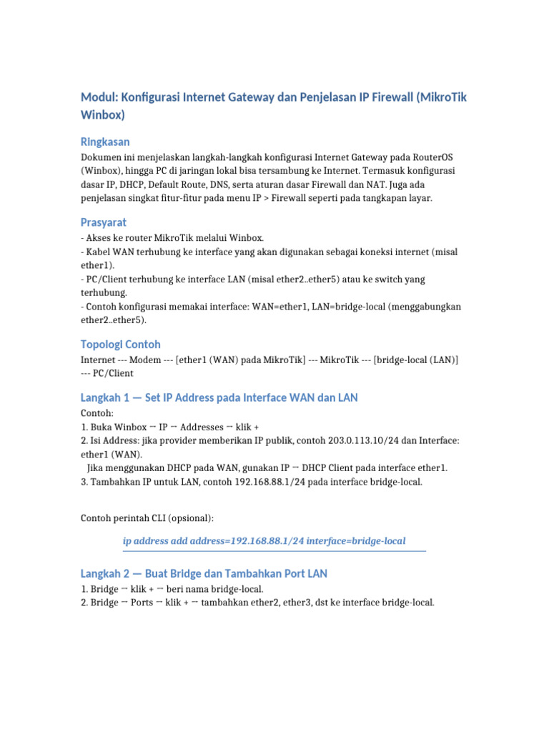 Konfigurasi Internet Gateway MikroTik | PDF