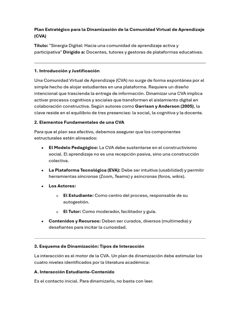 Plan para Dinamizar Una Comunidad Virtual de Aprendizaje (CVA) . | PDF ...