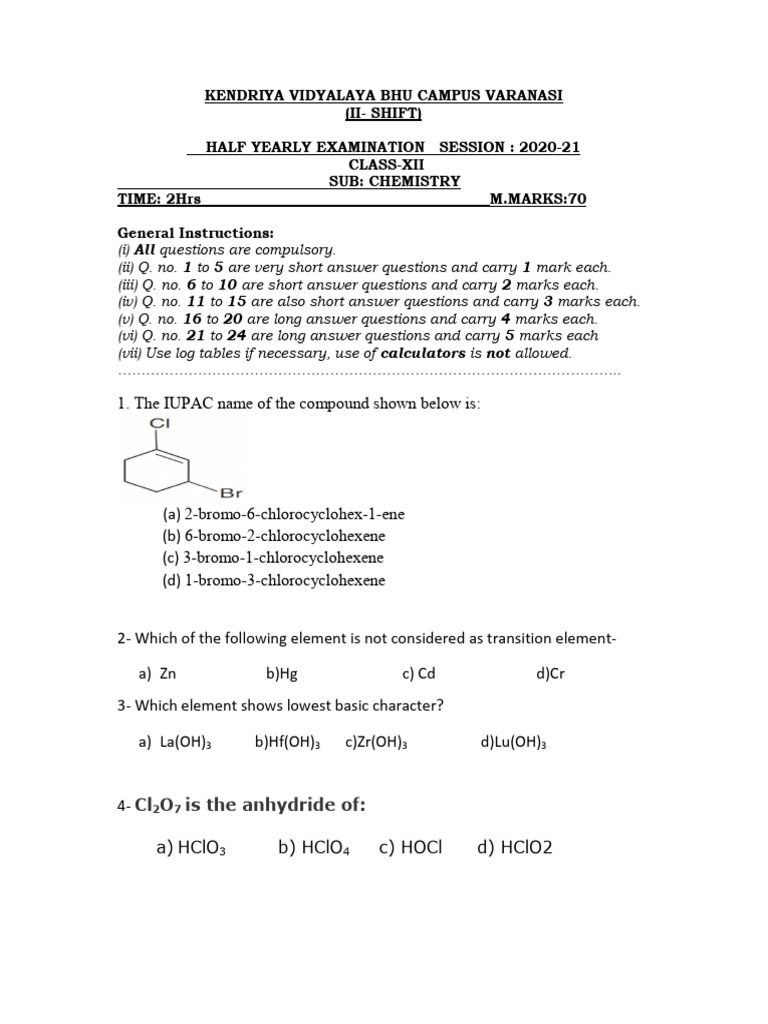 Class XII Chemistry Half-Yearly Exam | PDF | Acid | Physical Chemistry