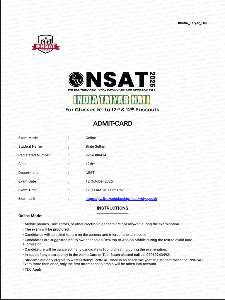 NEET Exam Admit Card Instructions 2025 | PDF
