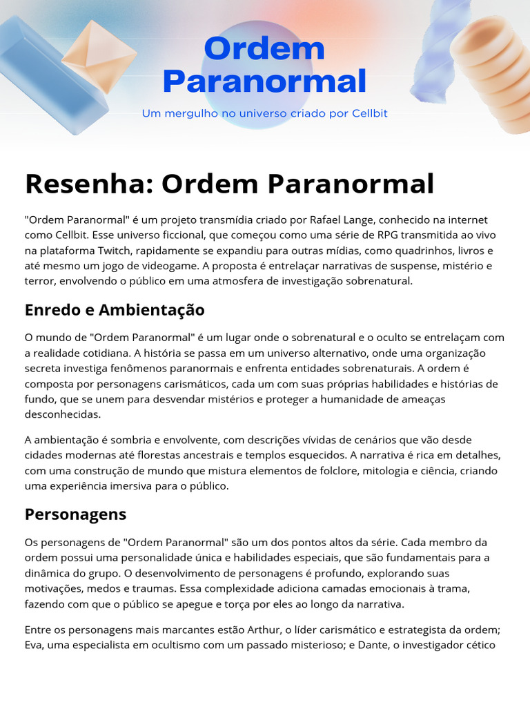 Resenha de Ordem Paranormal: Universo Cellbit | PDF | Narrativa | Jogos ...