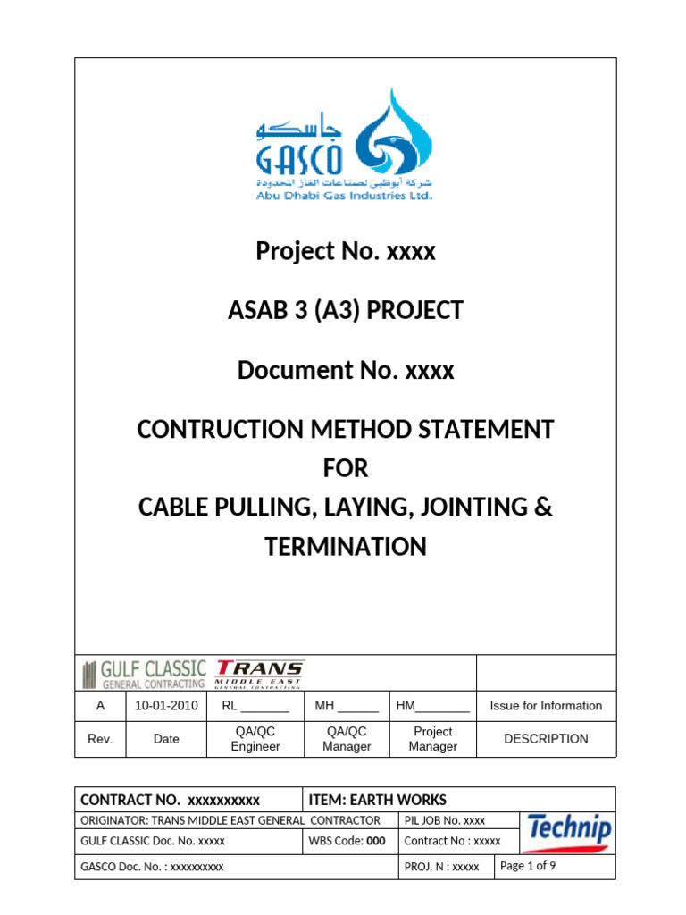 Cable Installation Method Statement | PDF | Scaffolding | Electrical Wiring