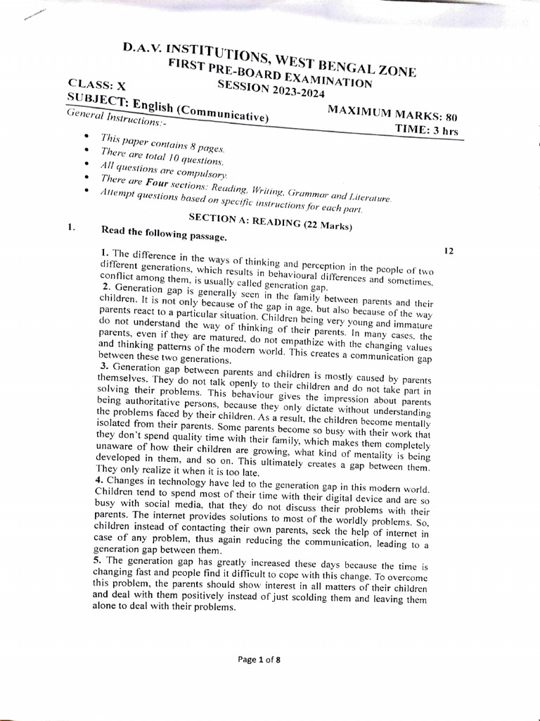 Class X English Pre-Board Exam 2023-24 | PDF