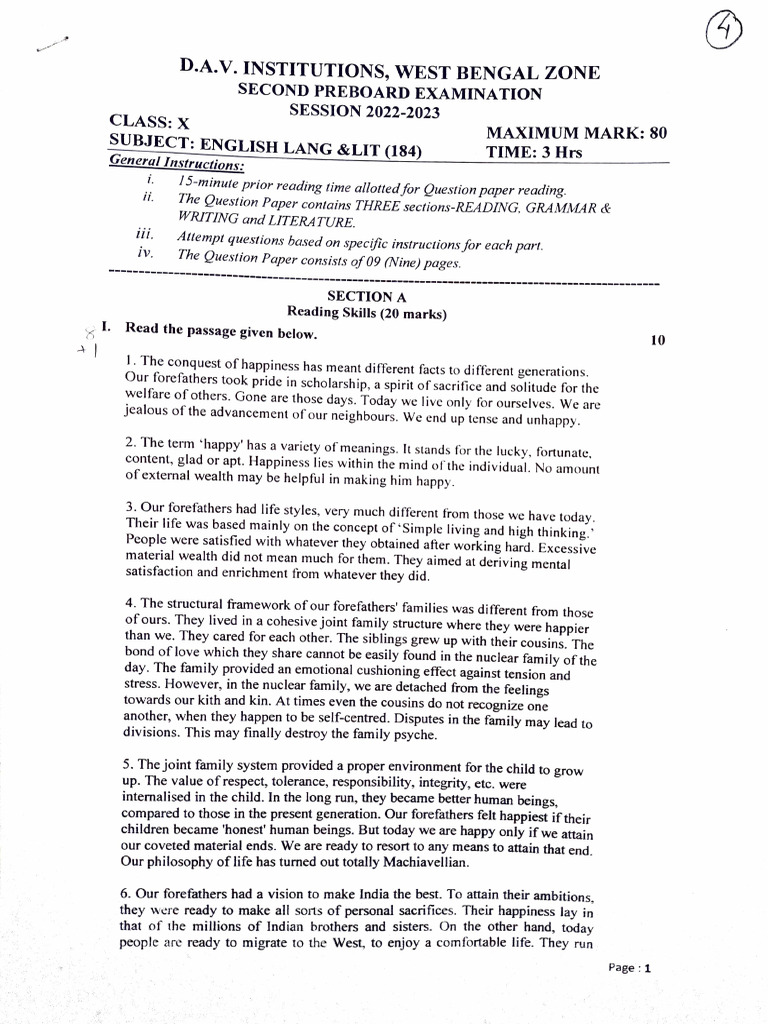 Class X English Preboard Exam 2023 | PDF