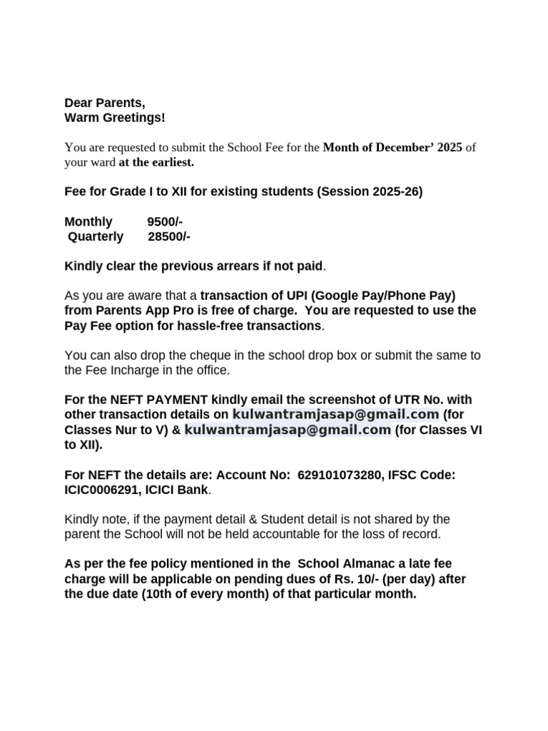 Fee Circular for Class i to Xii-Dec-25(After 10)-1 | PDF