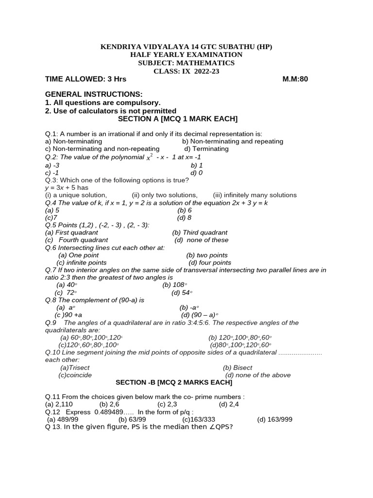 Class IX Mathematics Half-Yearly Exam | PDF | Cartesian Coordinate ...
