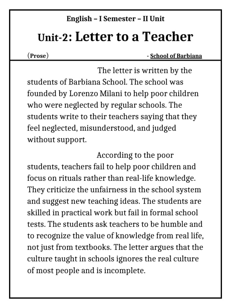(Unit-2)Letter to a Teacher Notes | PDF