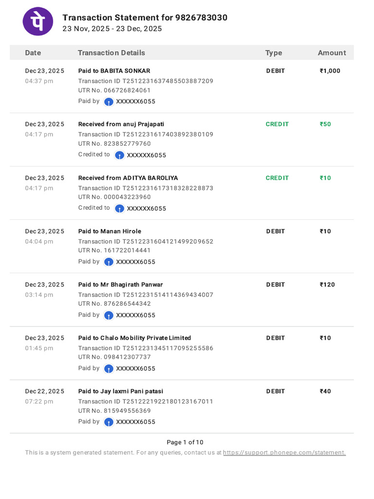 Transaction Statement Summary 9826783030 | PDF | Debit Card | Banking