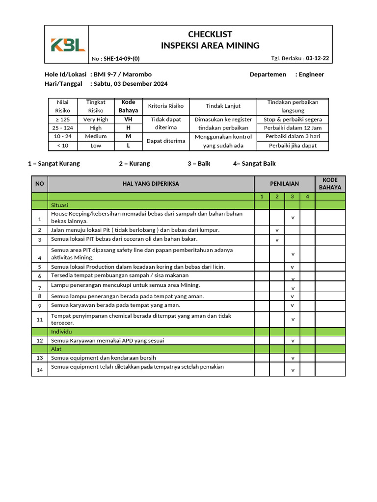 Checklist Inspeksi K3 Area Mining Marombo | PDF