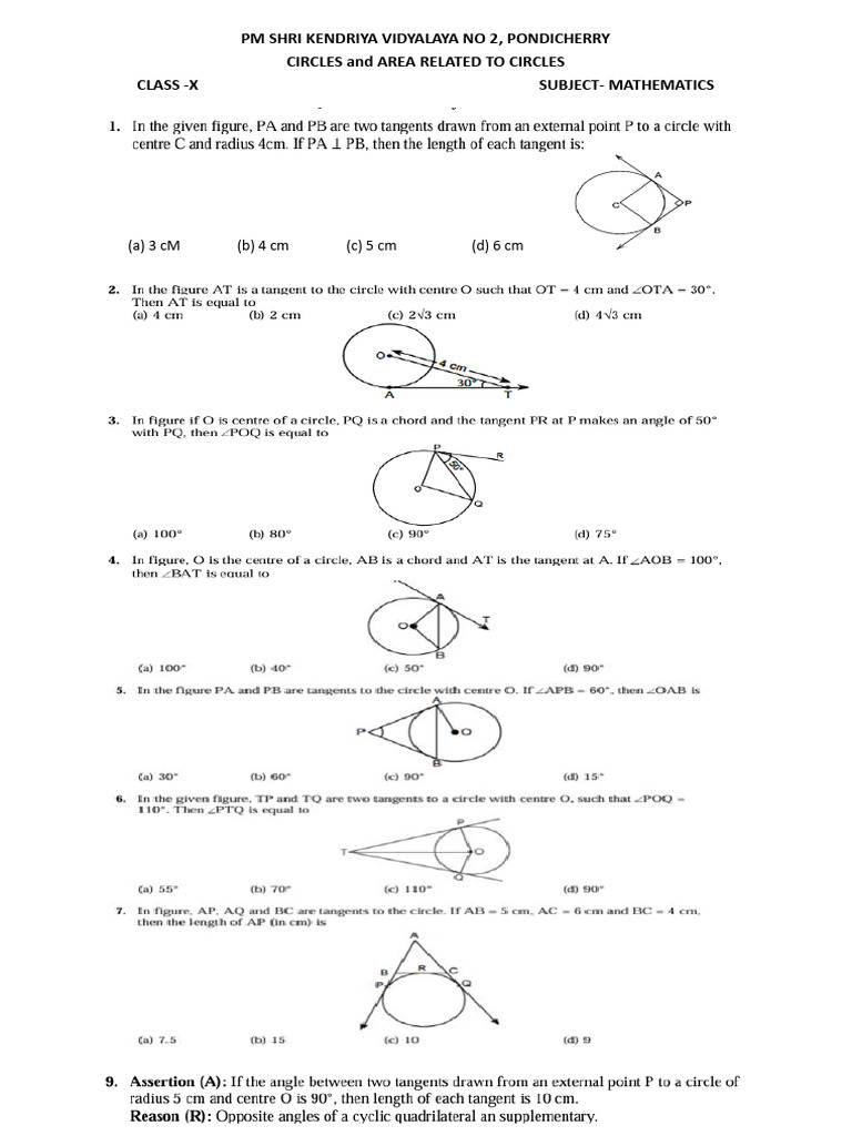 Circle Geometry Problems for Class X | PDF | Circle | Area