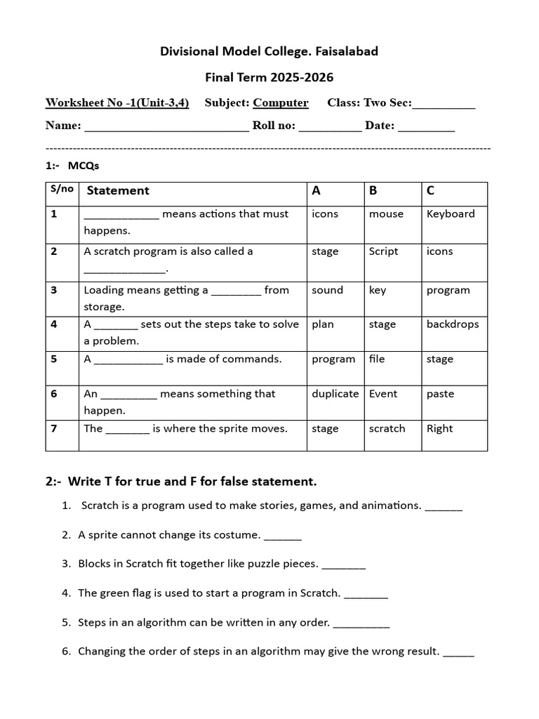 Worksheet 1 Class 2 | PDF