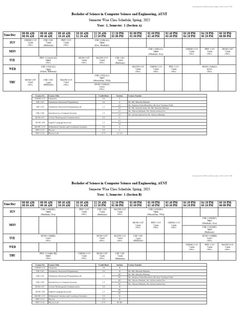 AUST Spring 2025 CS Class Schedule | PDF | Mathematics | Electrical ...