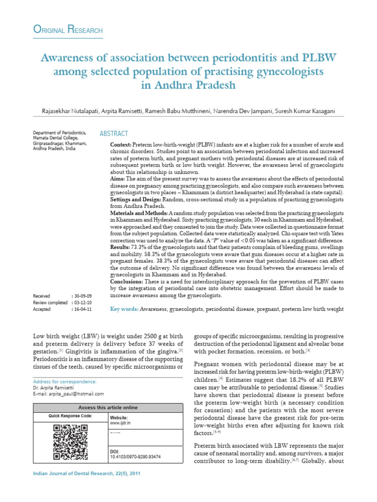 Awareness of Association Between Periodontitis and PLBW Among Selected ...