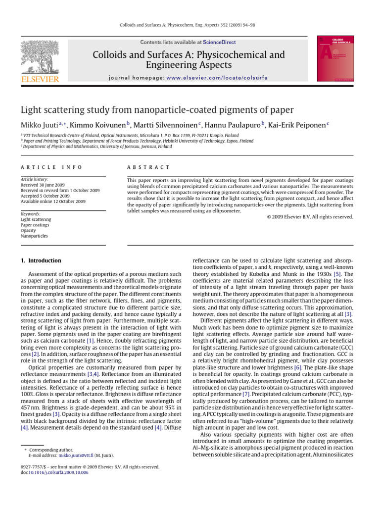 Light Scattering in Nanoparticle Coated Paper | PDF | Titanium Dioxide ...