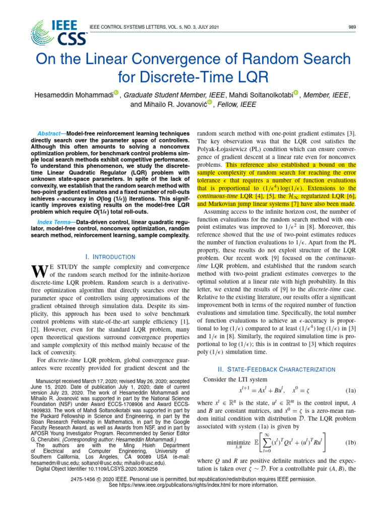 Linear Convergence in Random Search LQR | PDF | Mathematical ...