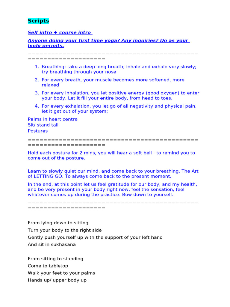 Yoga Class Script for Beginners | PDF | Pilates | Anatomical Terms Of ...