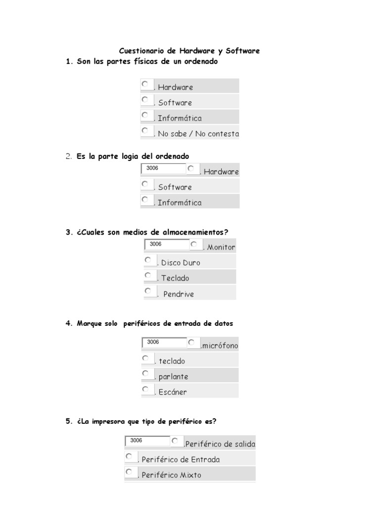 Cuestionario de Hardware y Software 1. Son las partes físicas de un