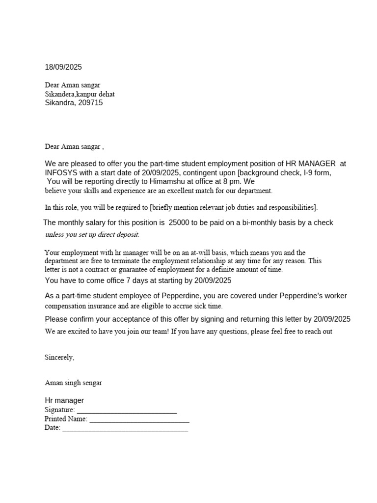 Part-Time HR Manager Job Offer Letter | PDF