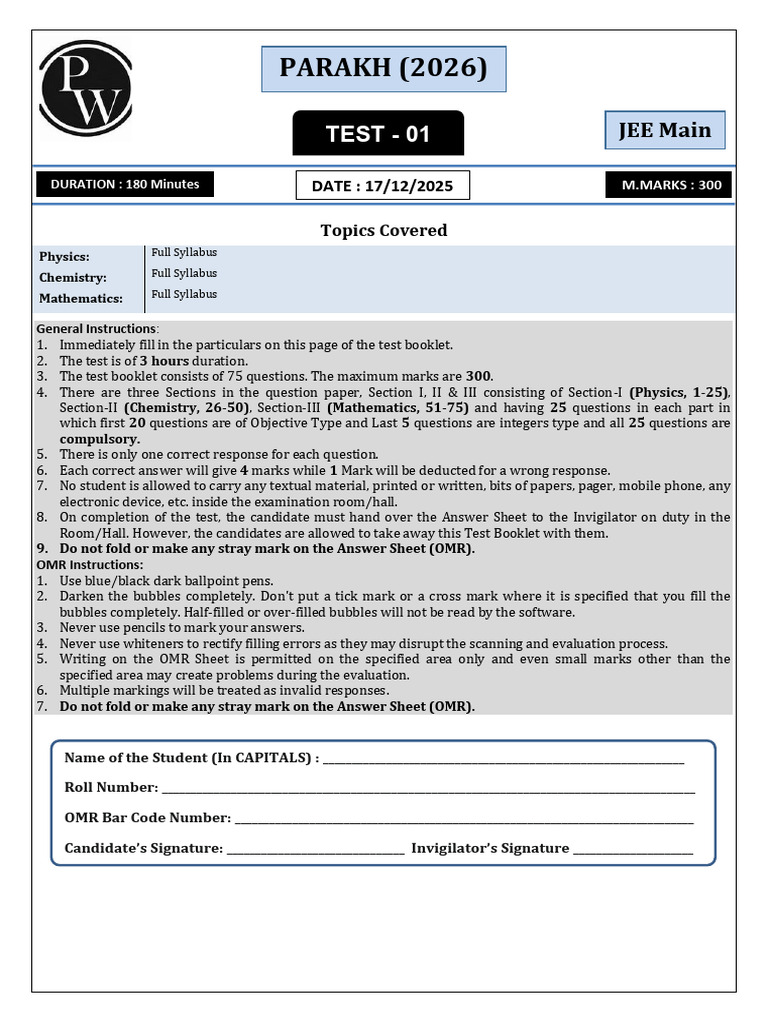 JEE Main Test Instructions and Syllabus | PDF | Electromagnetic ...
