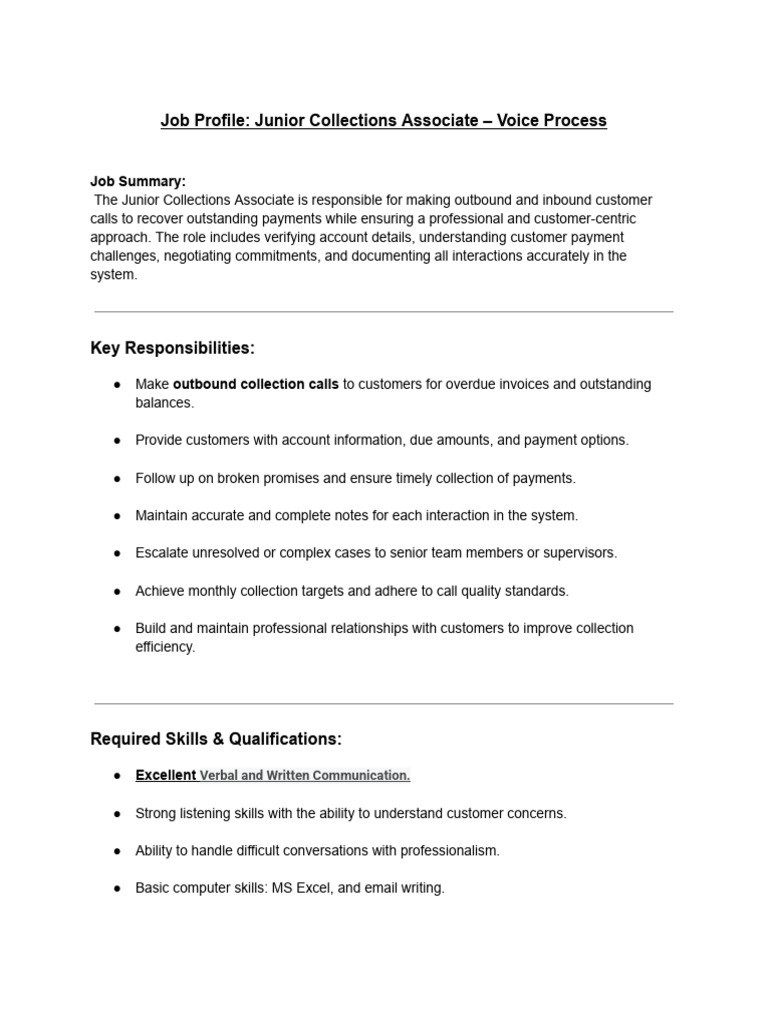 Junior Collections Associate Job Profile | PDF