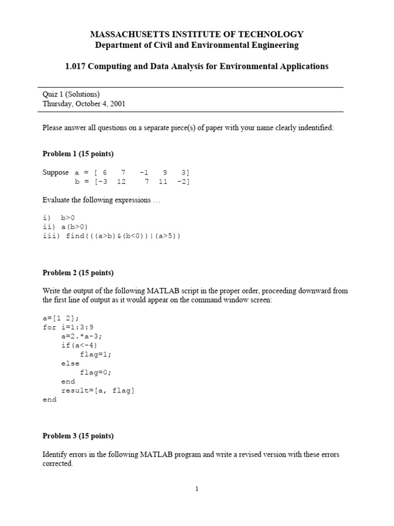 MIT MATLAB Quiz Solutions for CEE 1.017 | PDF | Computing