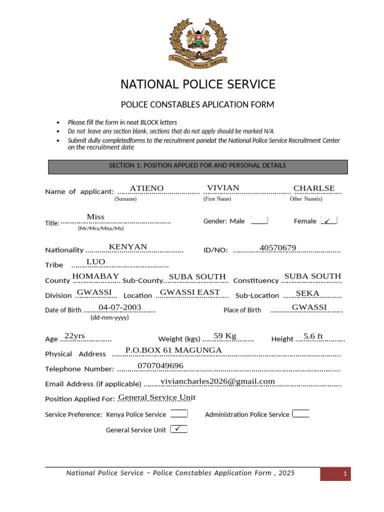 Police Constables Application Form 2025 | PDF