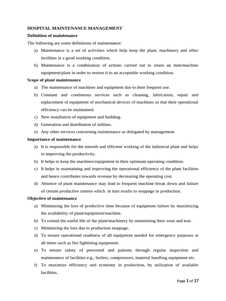 Hospital Maintenance Management Guide | PDF | Mechanical Engineering