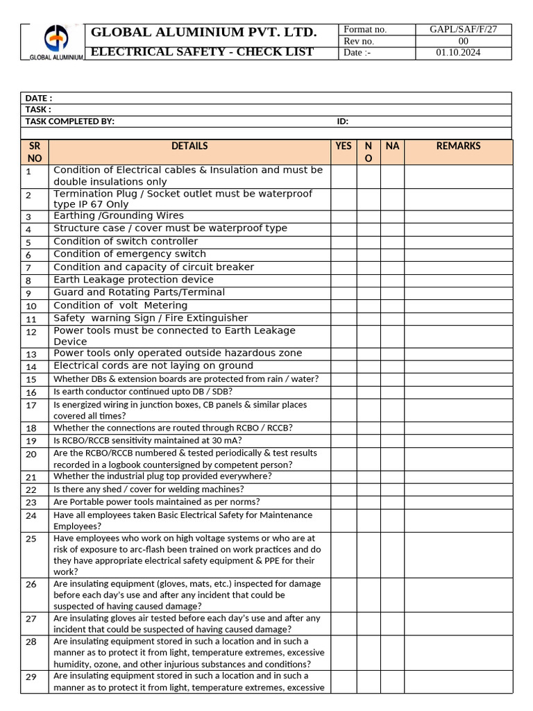 Electrical Safety Checklist for Inspections | PDF | Insulator ...