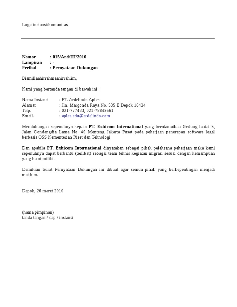 Contoh Surat Dukungan Bank Untuk Lelang Kumpulan Surat Penting