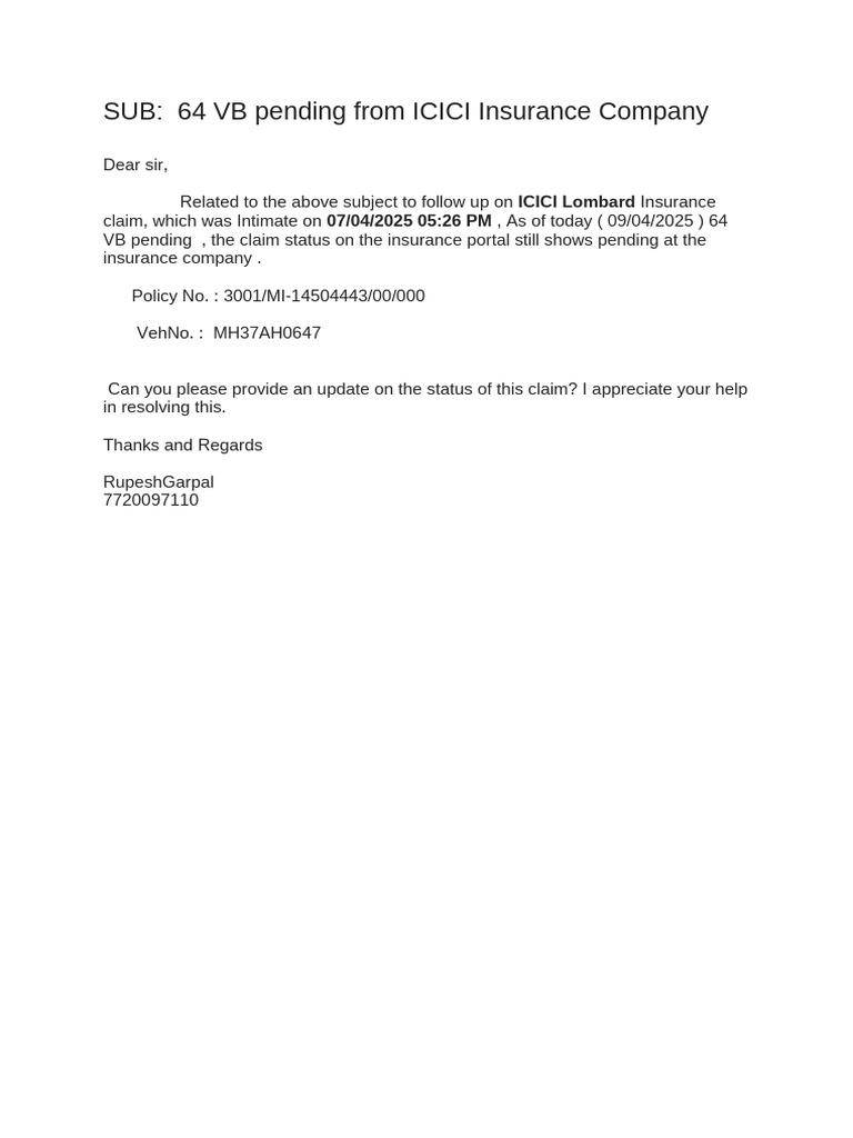 ICICI Insurance Claim Status Update Request | PDF