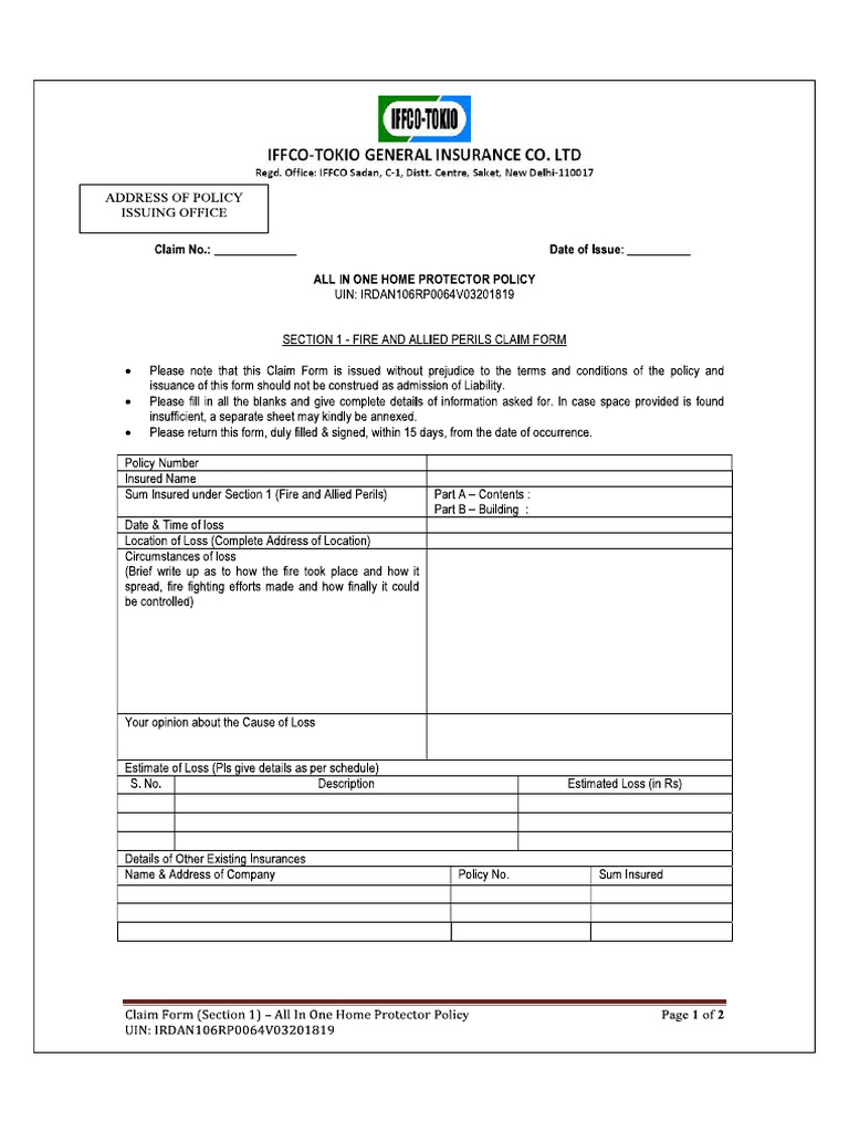 All in One Home Protector (Fire) Claim Form | PDF | Burglary | Insurance