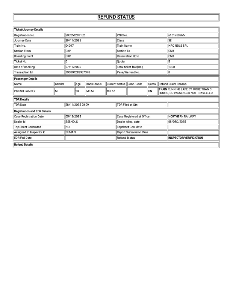 Refund Status for Train Journey 04097 | PDF