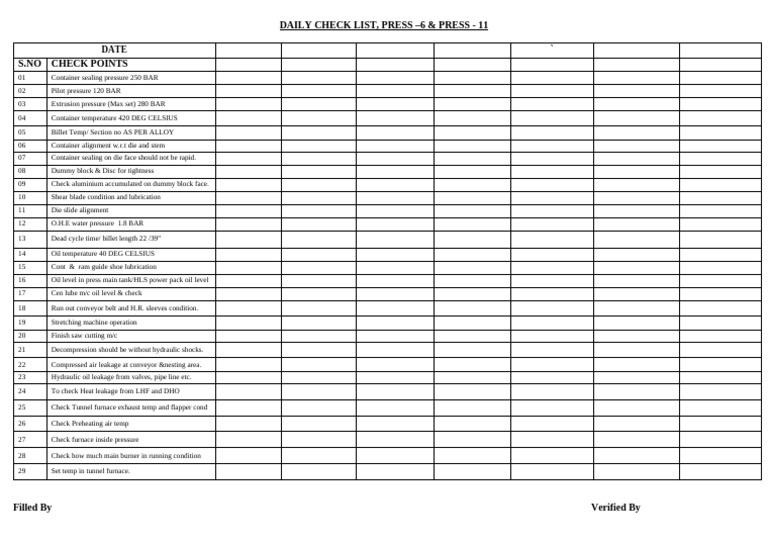 P-6 Press Daily Check List | PDF
