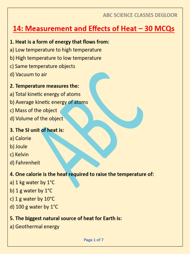 Heat Measurement MCQs for Science Class | PDF | Thermal Expansion | Heat