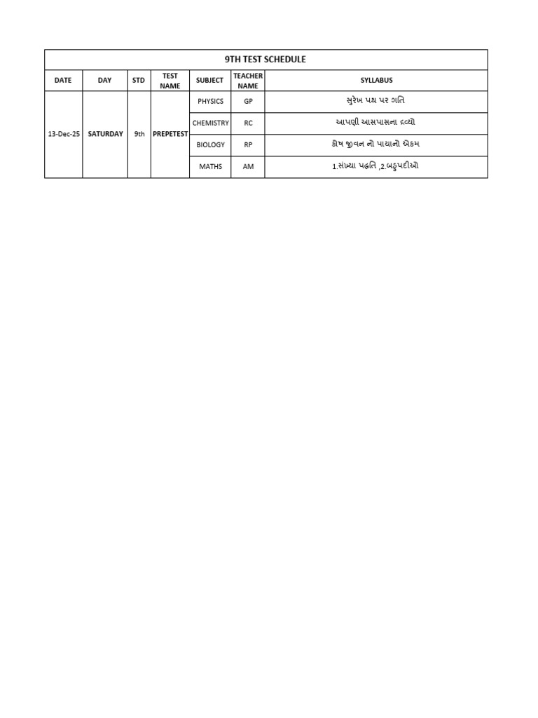 Test Schedule 9 TH | PDF