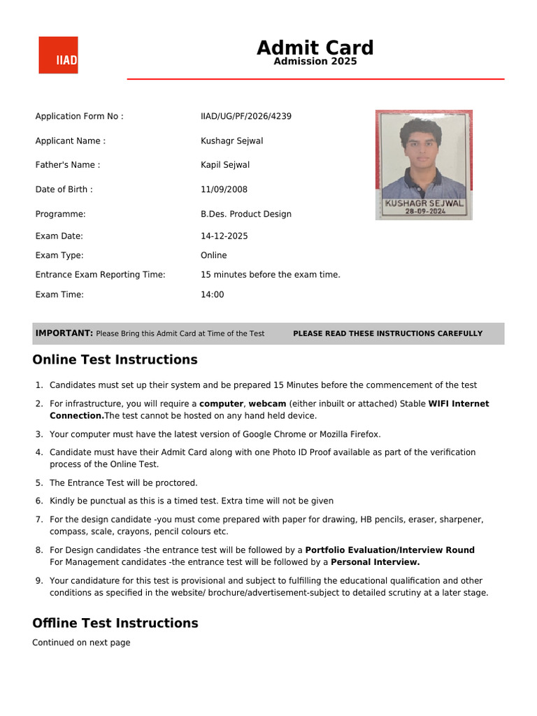IIAD B.Des. Product Design Admit Card 2025 | PDF