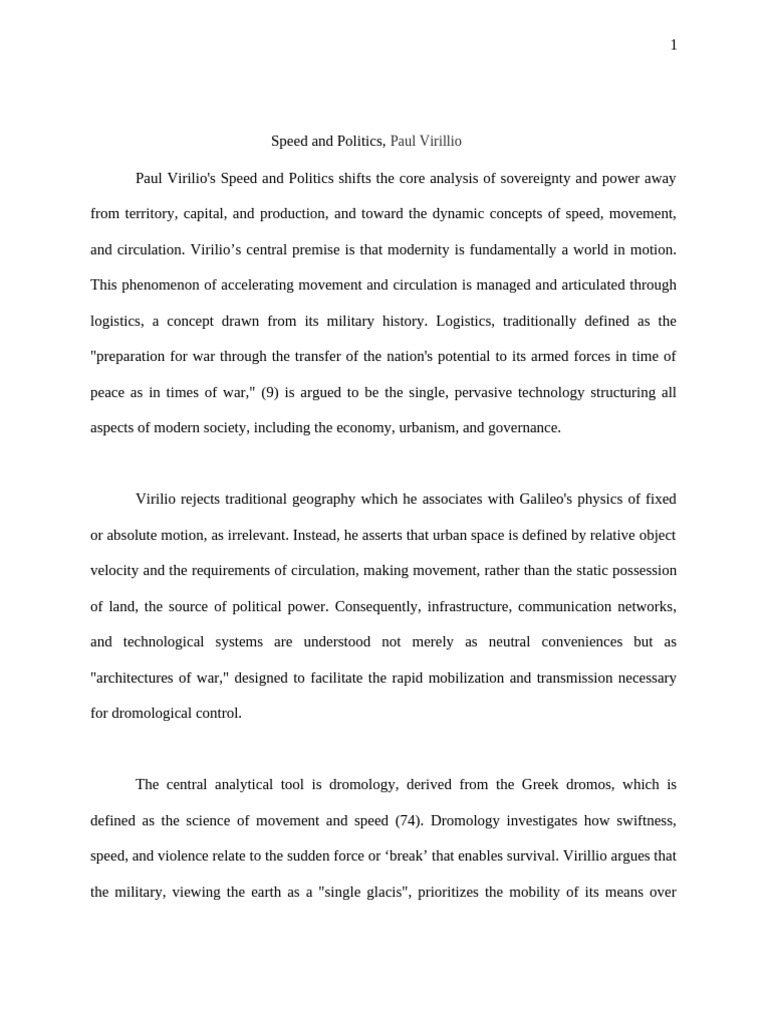 Dromology Speed's Impact on Politics PDF Force Geography