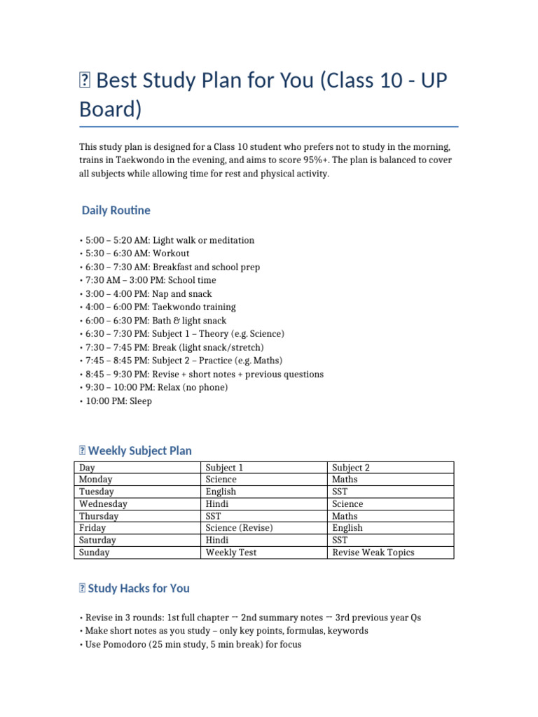Class 10 UP Board Study Plan Guide | PDF