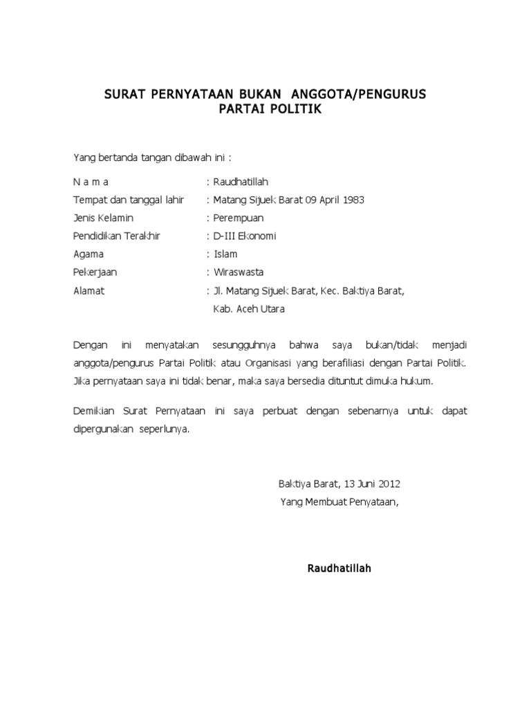 Surat Pernyataan Tidak Menjadi Anggota Atau Pengurus Organisasi