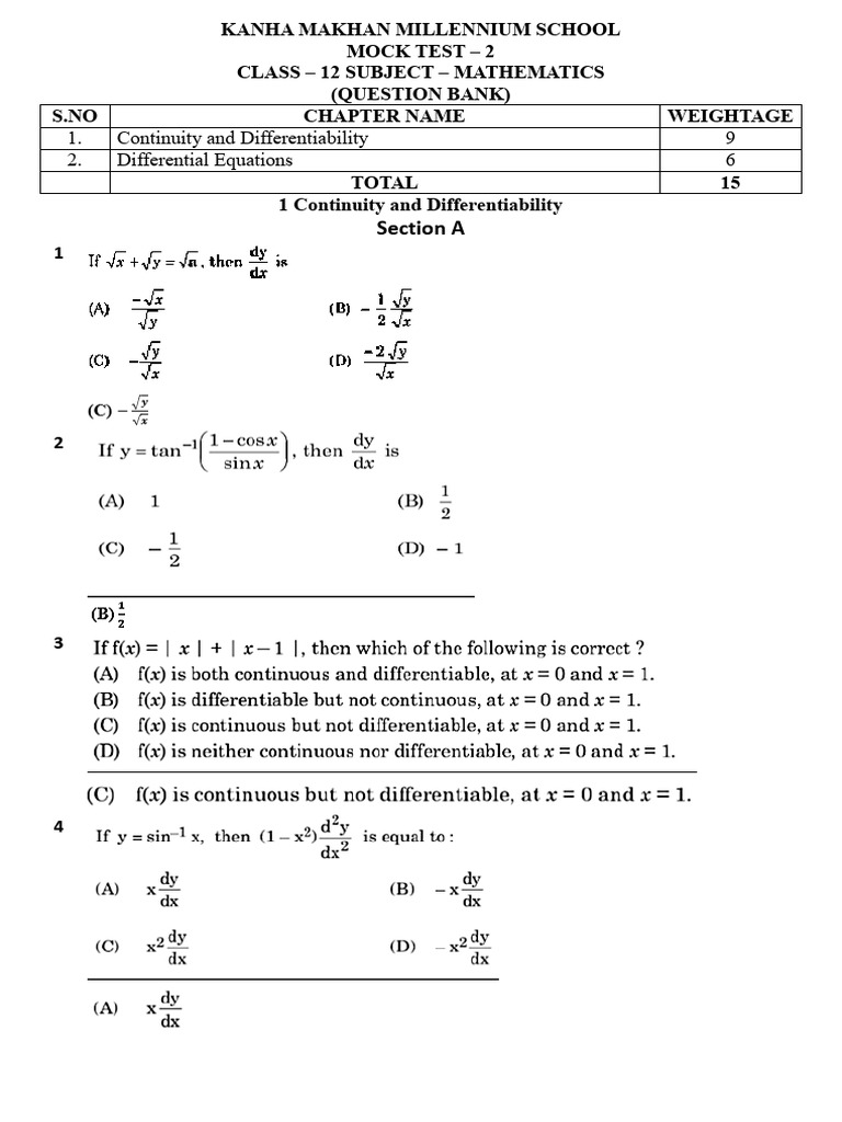 Class 12 Math Mock Test Questions | PDF