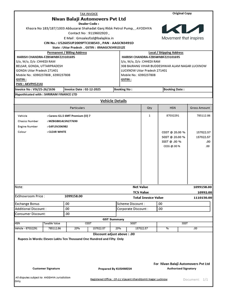 Vehicle Sale Invoice - Harish Chandra-Fzbswnbfz23101695 | PDF | Public ...