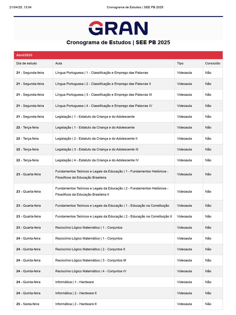Cronograma de Estudos SEE PB 2025 | PDF | Lógica | Geometria