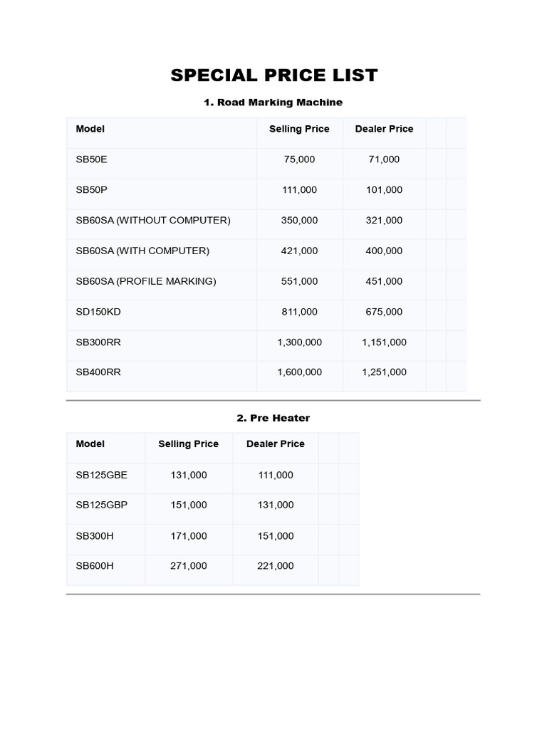 Special Price List for Road Marking Equipment | PDF