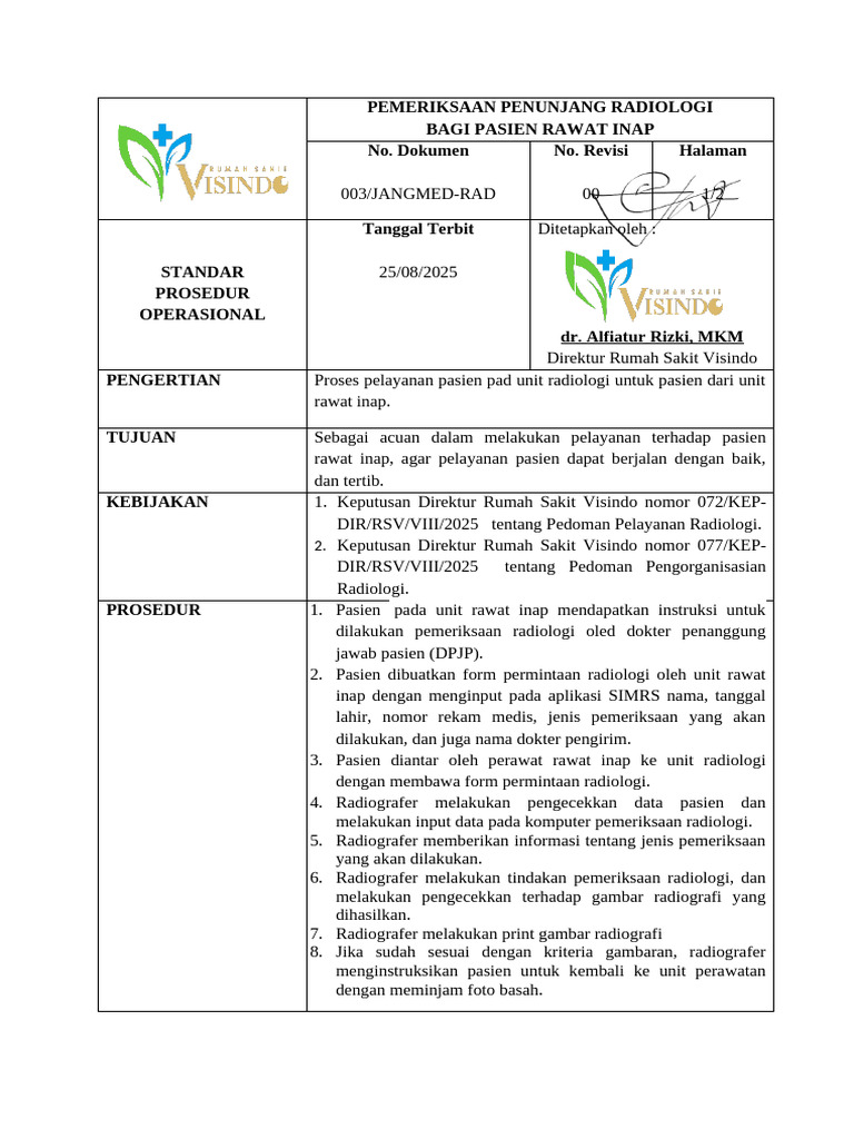 Spo Pemeriksaan Radiologi Bagi Pasien Ranap | PDF
