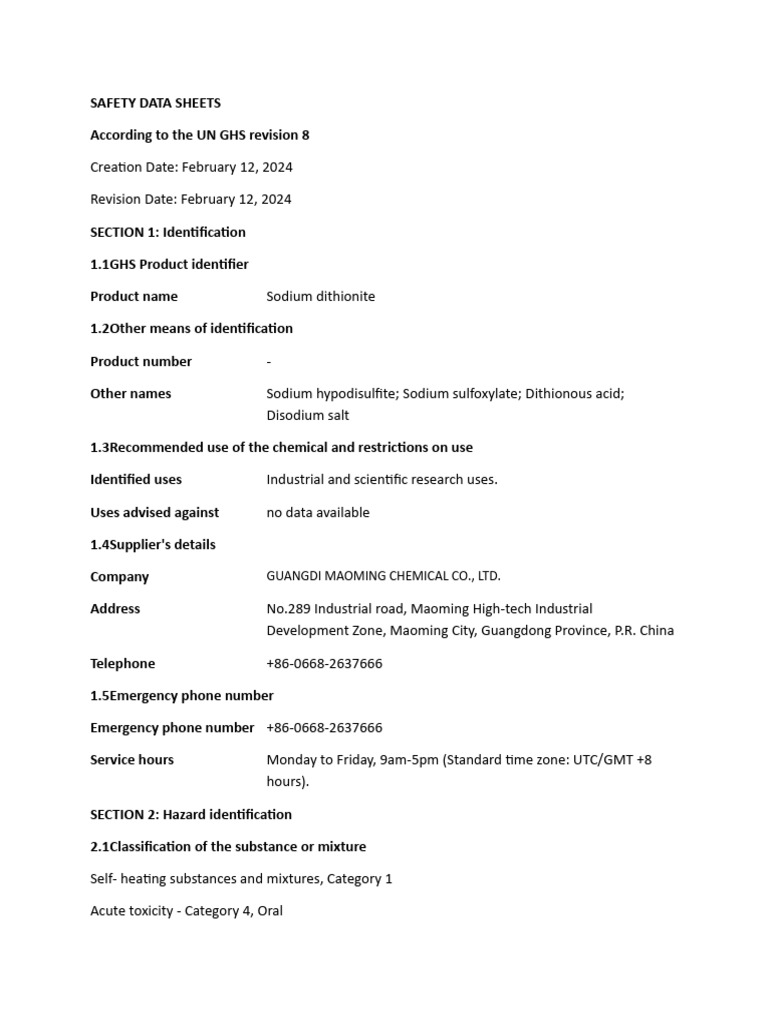 Sodium Dithionite Safety Data Sheet | PDF | Dangerous Goods | Toxicity
