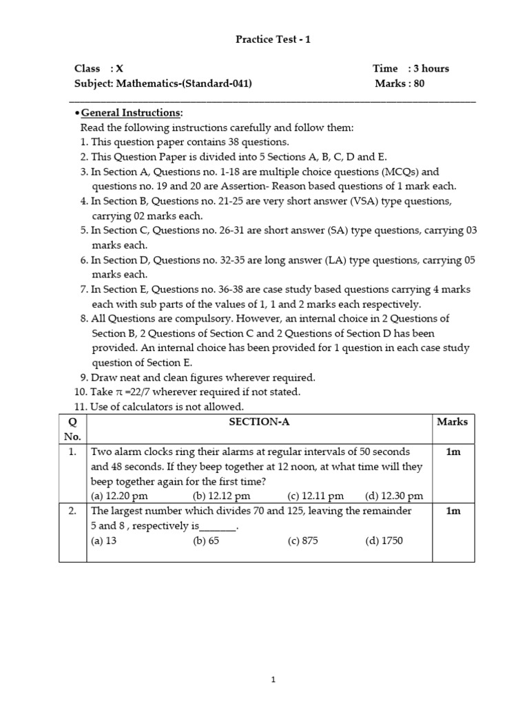 Class 10 Mathematics Practice Test | PDF | Circle | Quadratic Equation