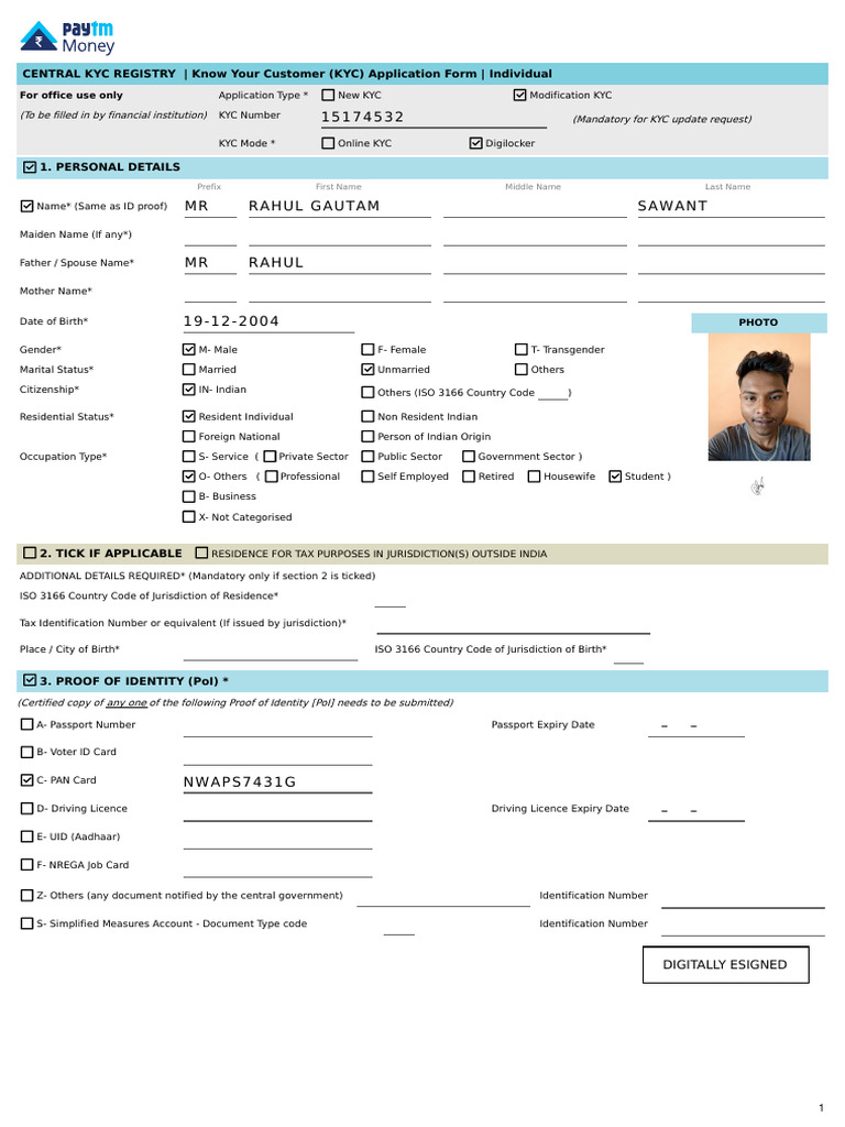 KYC Application Form for Individuals | PDF | Identity Document ...
