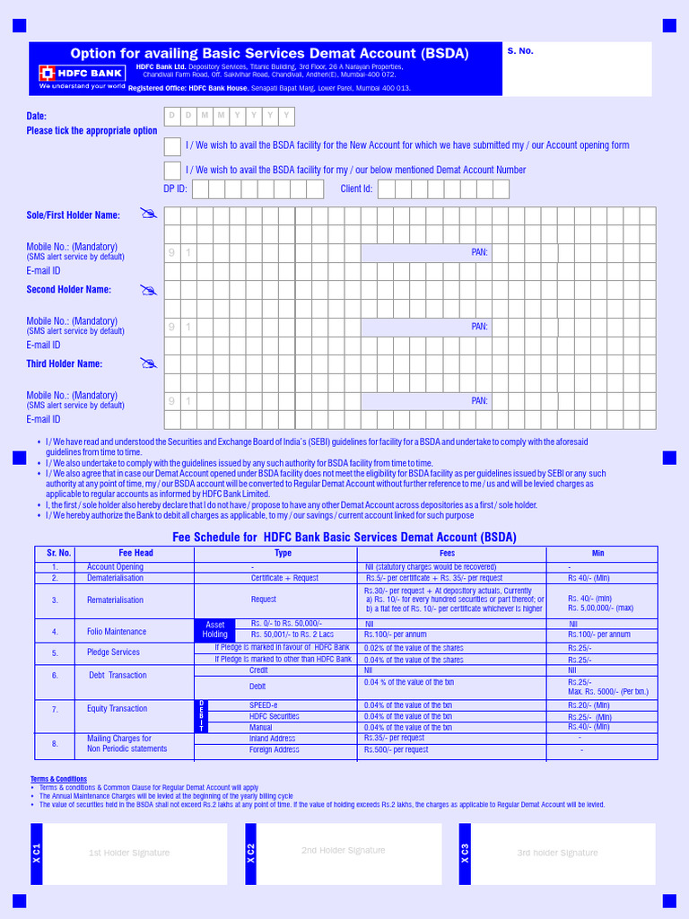 HDFC Bank Basic Services Demat Account Form | PDF | Banks | Transaction ...
