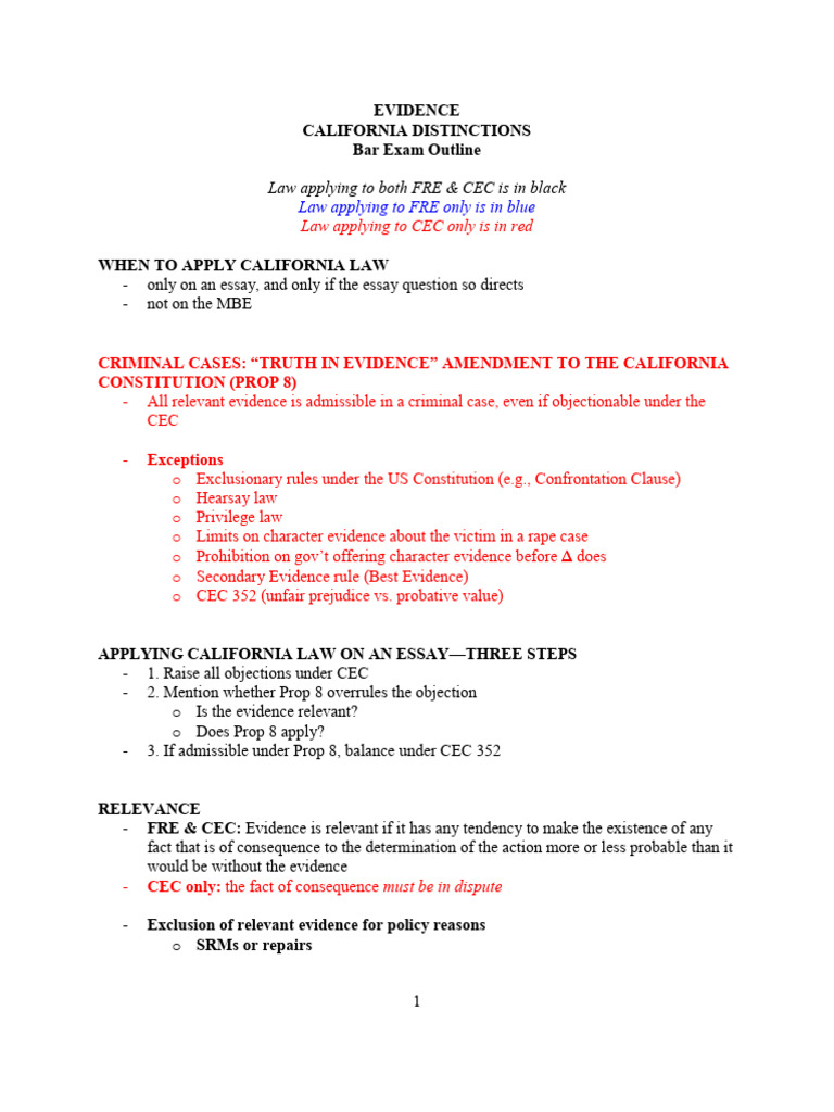 California Bar Exam Evidence Outline | PDF | Witness Impeachment | Witness