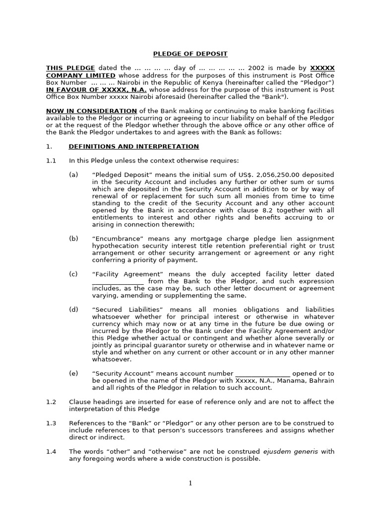 So..Pledge.deposit1 | PDF | Indemnity | Banks